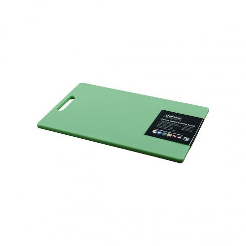 Heavy-duty green polypropylene cutting board with handle, 230x380x12mm, ideal for professional chefs and home cooks.