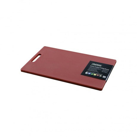 Vibrant red polypropylene cutting board with handle, 230x380x12mm, durable and easy to clean, ideal for food prep.