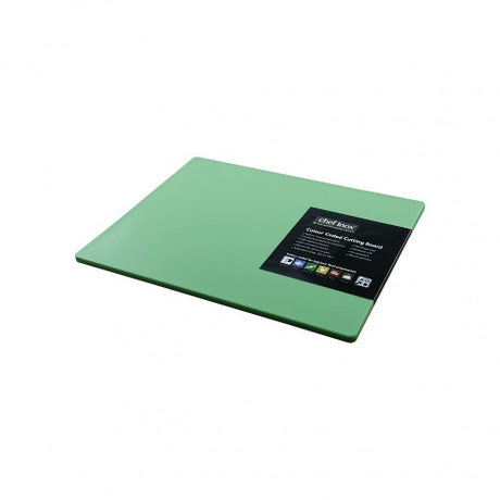 Durable green polypropylene cutting board, 380x510x12mm, ideal for chopping meat and vegetables in any kitchen.