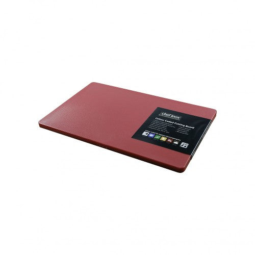 Durable red polypropylene cutting board, 380x510x12mm, ideal for hygienic food prep in home and professional kitchens.