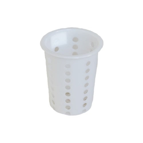 White plastic cutlery cylinder, 90mm diameter, 135mm height, neatly organizes forks, knives, and spoons for elegant dining.