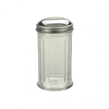 Elegant glass sugar dispenser with stainless steel top, 335ml capacity, featuring side pour spout for mess-free dispensing.