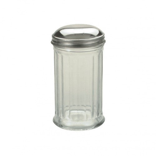 Elegant glass sugar dispenser with stainless steel top, 335ml capacity, featuring side pour spout for mess-free dispensing.