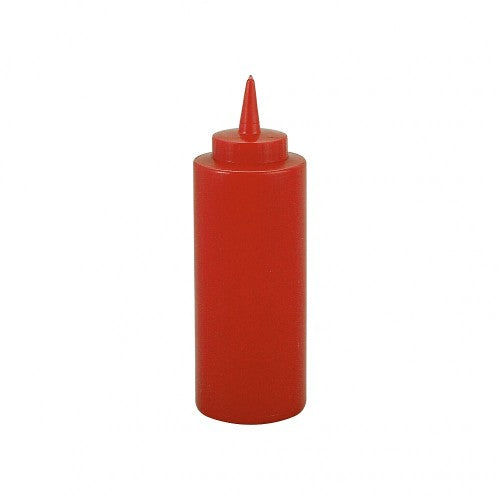 Red squeeze bottle with 340ml capacity, ideal for precise drizzling of oils and sauces in the kitchen.