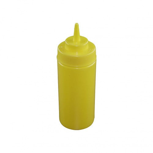 Vibrant yellow 480ml squeeze bottle with wide mouth for easy filling, perfect for sauces and condiments in the kitchen or outdoors.