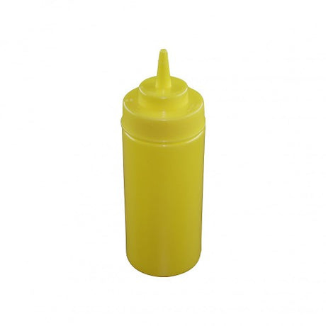 Vibrant yellow 480ml squeeze bottle with wide mouth for easy filling, perfect for sauces and condiments in the kitchen or outdoors.