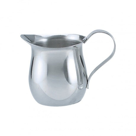 Elegant 85ml bell-shaped stainless steel creamer for coffee, tea, and alternative dairy; perfect for individual servings.