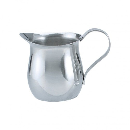 Elegant 85ml bell-shaped stainless steel creamer for coffee, tea, and alternative dairy; perfect for individual servings.