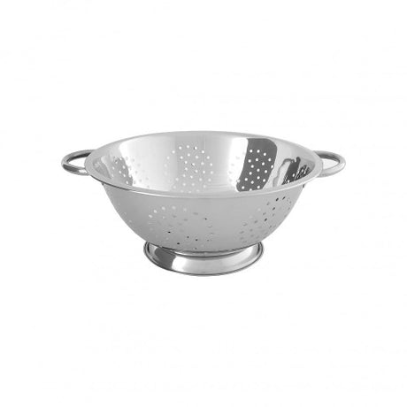 Stainless steel Chef Inox colander with 8.0L capacity, 335mm diameter, 140mm height, and ergonomic wire handle.