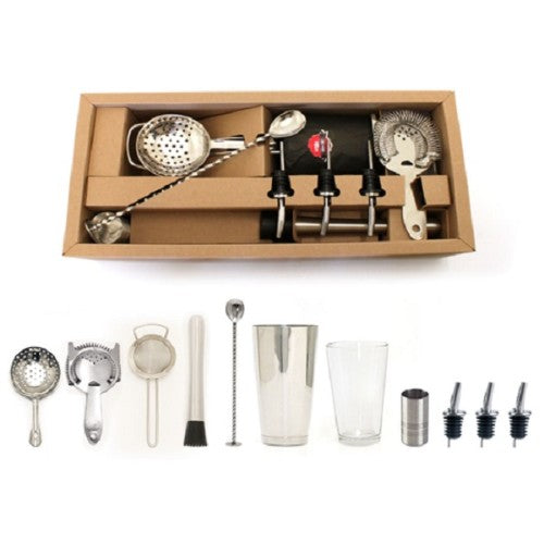 Bonzer Classic Cocktail Kit: premium tools for precise mixing, including jiggers, shaker, strainer, muddler, and mixing spoon.