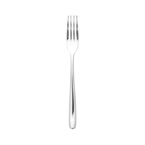 Set of 12 Aero Dawn dessert forks in polished stainless steel with elegant curves, perfect for any dining occasion.