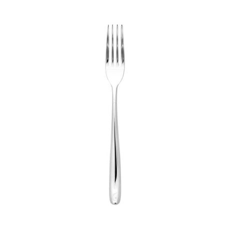 Set of 12 Aero Dawn dessert forks in polished stainless steel with elegant curves, perfect for any dining occasion.