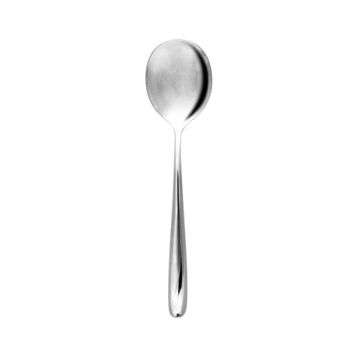 Elegant Aero Dawn soup spoon set of 12, crafted from durable 18/10 stainless steel with polished surfaces and sleek design.