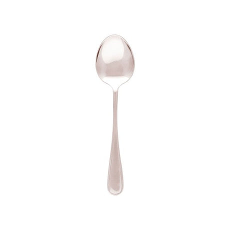 Elegant Tablekraft Melrose dessert spoon set of 12, crafted from high-quality stainless steel with a mirror finish and subtle reeding.