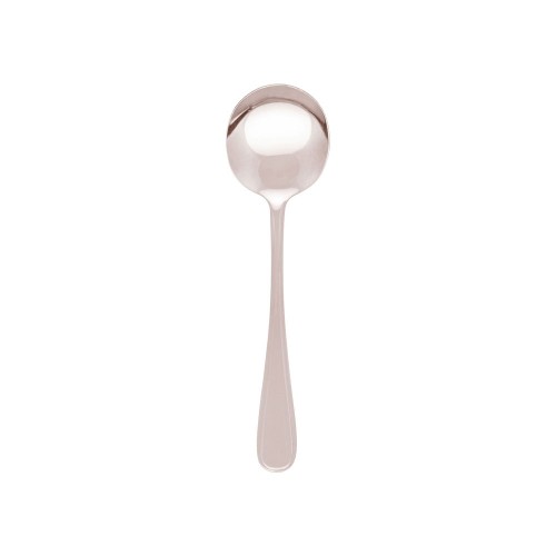 Set of 12 elegant Melrose soup spoons in mirror-finished 18/0 stainless steel, featuring delicate reeding on handles.