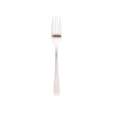 Set of 12 Luxor dessert forks in 18/0 stainless steel with a sleek mirror finish, perfect for elegant dining experiences.