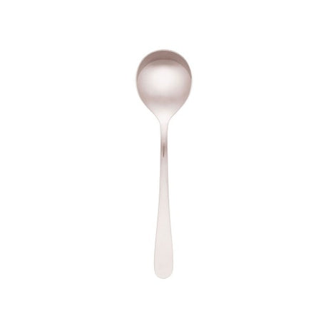 Set of 12 Luxor soup spoons in high-quality 18/0 stainless steel, featuring a sleek design and mirror finish, perfect for any dining occasion.