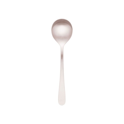 Set of 12 Luxor soup spoons in high-quality 18/0 stainless steel, featuring a sleek design and mirror finish, perfect for any dining occasion.