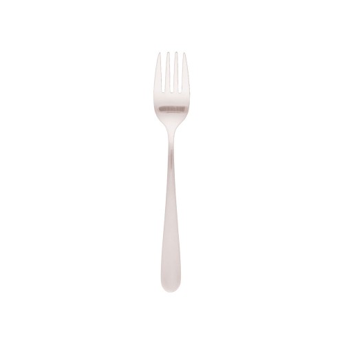 Set of 12 Luxor fruit forks in polished stainless steel, measuring 143mm, designed for elegant fruit serving.