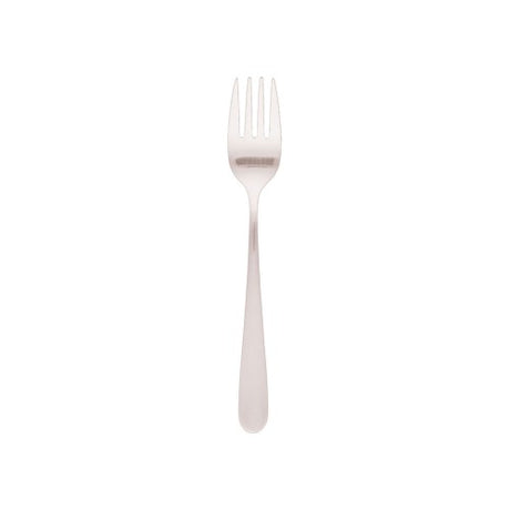 Set of 12 Luxor fruit forks in polished stainless steel, measuring 143mm, designed for elegant fruit serving.