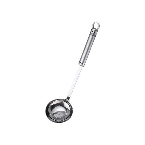 Durable 18/10 stainless steel soup ladle, 310mm long, polished finish for elegance and easy serving of soups and stews.