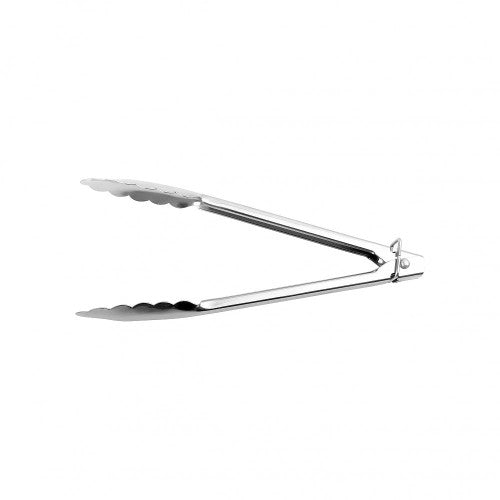 Durable 25cm stainless steel utility tongs with built-in clip for grilling, frying, and serving kitchen tasks.