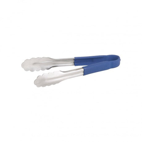 Stainless steel 23cm utility tongs in vibrant blue, ideal for grilling, serving, and safe food handling.