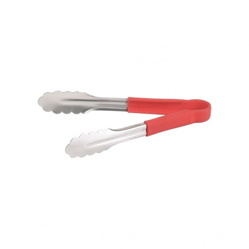 Stainless steel 30cm utility tong with red silicone grips, ideal for grilling, serving, and mixing dishes in style.