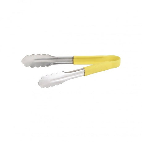 Stainless steel 30cm yellow utility tongs, perfect for grilling and serving with ergonomic design for comfortable use.