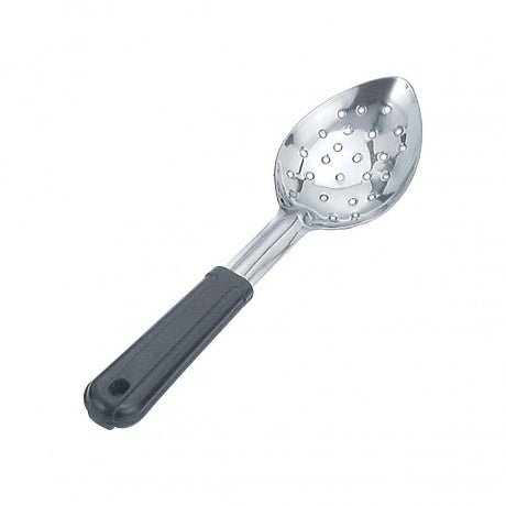 Stainless steel perforated basting spoon with poly handle, 28cm long, perfect for straining and serving soups and sauces.