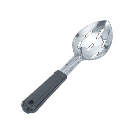 Stainless steel 28cm slotted spoon with ergonomic handle for easy draining and control in cooking tasks.