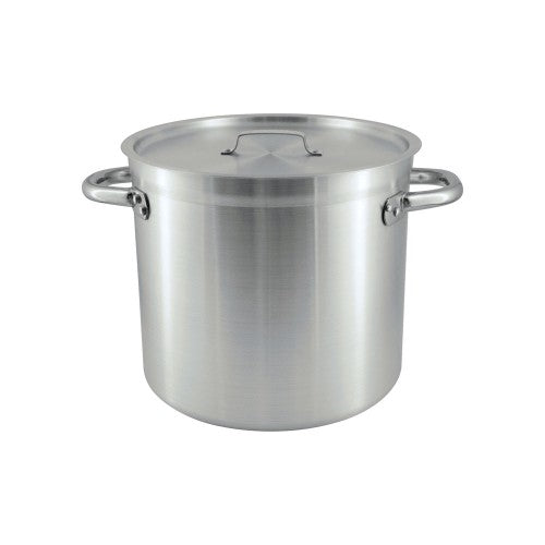 Durable 12-litre aluminium stockpot with cover, ideal for soups and stews, ensuring even heat distribution and flavor retention.