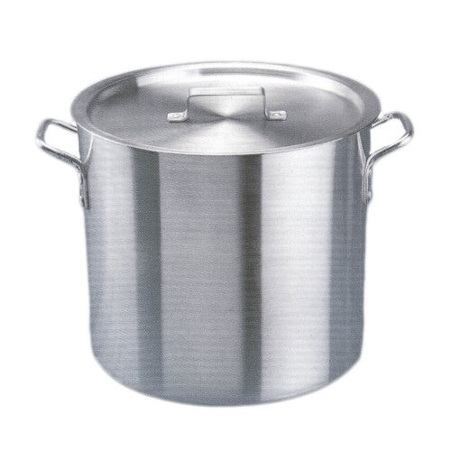 Large 20-litre aluminium stockpot with cover, perfect for soups and stews, ensuring even heat distribution and durability.