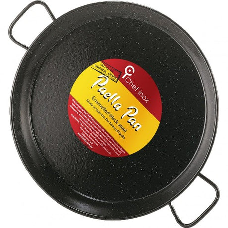 Chef Inox 200mm enamelled paella pan, ideal for authentic Spanish dishes, featuring vibrant color and easy cleanup.