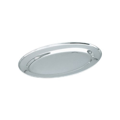 Elegant 45cm oval platter in shiny stainless steel, perfect for serving appetizers and desserts at any occasion.