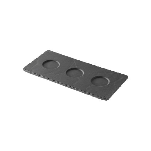 Revol Basalt Tray with 3 wells, 250x120mm, perfect for serving snacks and sauces elegantly. Durable and modern design.