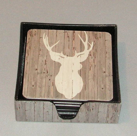 Set of 6 elegant coasters featuring a stag design, crafted from durable cork and vinyl, perfect for protecting surfaces.