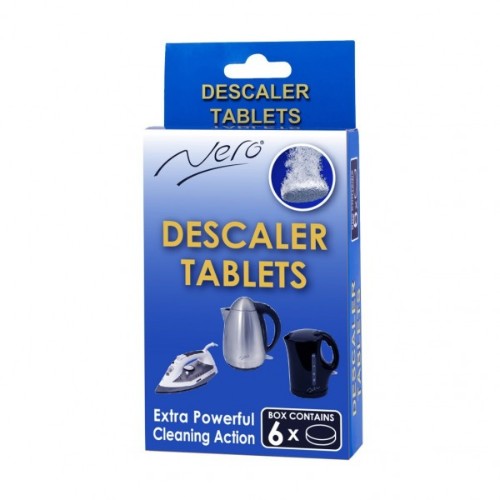 Kettle and iron descaler tablets in a 6-pack, effectively removing scale buildup for enhanced appliance performance.