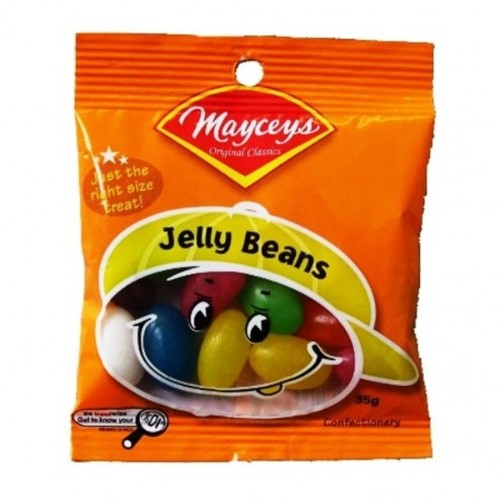 Colorful Mayceys Jelly Beans in 35g Smiley Bag, perfect for parties and treats, now at a clearance price.
