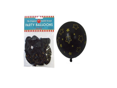 Black and gold helium balloons with star designs, perfect for elegant celebrations and decor.