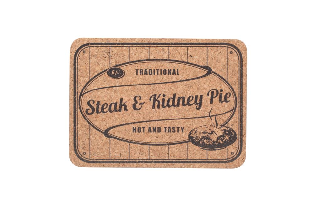 Cork tablemats featuring Steak and Kidney Pie and Roast Beef with Yorkshire Pudding designs, perfect for stylish dining.