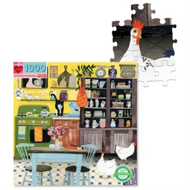 Jigsaw puzzle featuring friendly chickens and a cat in a charming kitchen, designed by Anisa Makhoul, 1000 pieces.