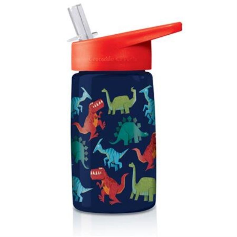 Brightly colored 450ml dinosaur-themed drink bottle with spill-resistant sipper, removable straw, and grab-and-go handle for kids.