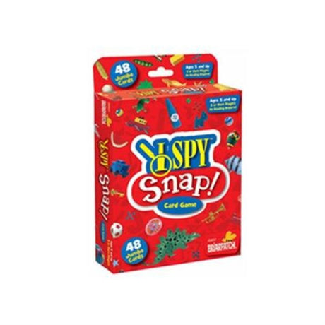 Colorful I Spy Snap card game featuring 48 jumbo cards designed for family fun and quick reflexes, ideal for kids 5+.