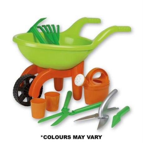 Colorful 9-piece Wheel Barrow Garden Set for kids, featuring a sturdy wheelbarrow, tools, and pots for imaginative outdoor play.