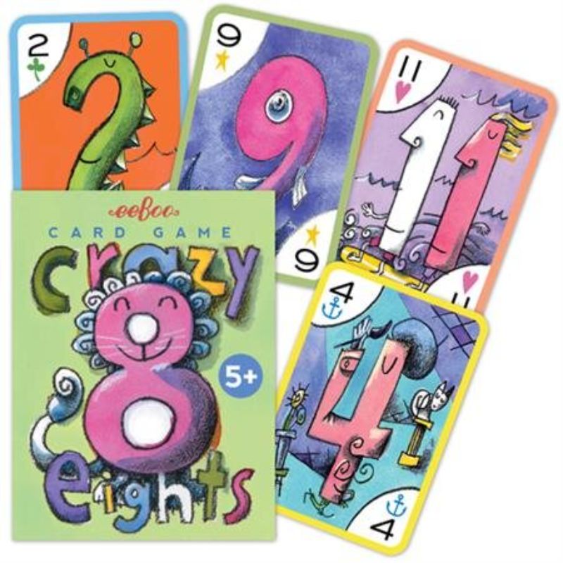 Illustrated eeBoo Crazy Eight playing cards for family fun, promoting social skills and sustainability, suitable for ages 5+.