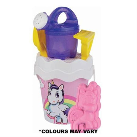 Colorful 17cm Unicorn Bucket Set with spade, rake, watering can, sand shape, and sieve for imaginative outdoor play.