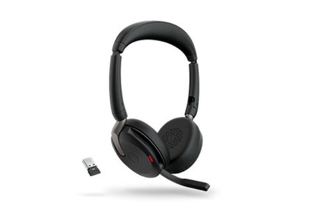 Jabra EVOLVE2 65 FLEX UC Wireless Headset in black, featuring ANC, stereo sound, and foldable design for all-day comfort.