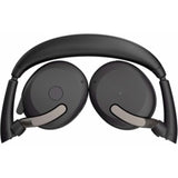 Jabra EVOLVE2 65 FLEX headset in black, featuring wireless connectivity, Hybrid ANC, and ClearVoice mic for clear audio.