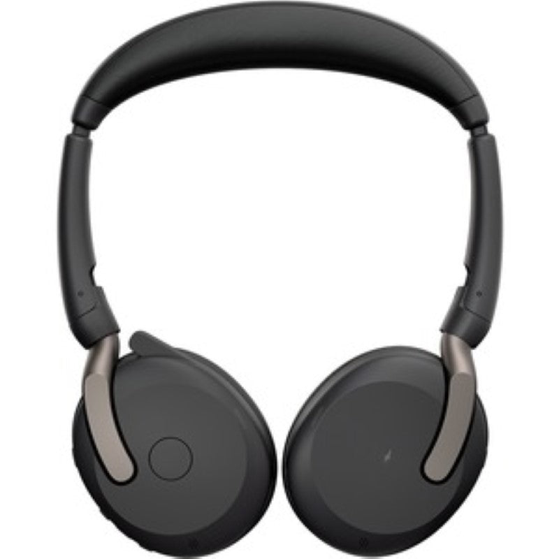 Jabra EVOLVE2 65 FLEX headset in black, featuring wireless connectivity, noise cancellation, and a foldable design for professionals.